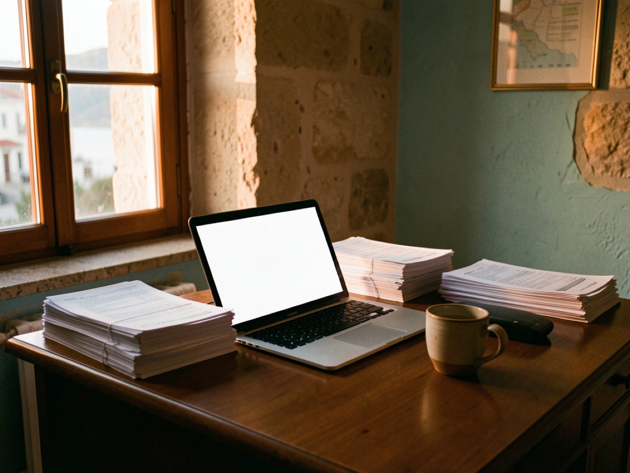 Wooden desk with a laptop, documents and coffee